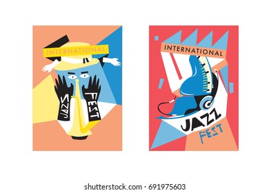 Colorful international jazz festival. Musicians, singers and musical instruments poster set flat vector illustration. Poster template for jazz and music events.