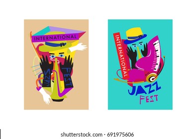 Colorful international jazz festival. Musicians, singers and musical instruments poster set flat vector illustration. Poster template for jazz and music events.