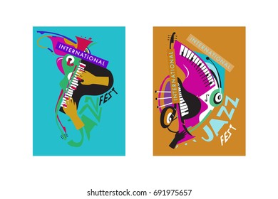 Colorful international jazz festival. Musicians, singers and musical instruments poster set flat vector illustration. Poster template for jazz and music events.