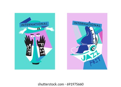 Colorful international jazz festival. Musicians, singers and musical instruments poster set flat vector illustration. Poster template for jazz and music events.