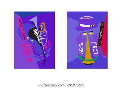 Colorful international jazz festival. Musicians, singers and musical instruments poster set flat vector illustration. Poster template for jazz and music events.