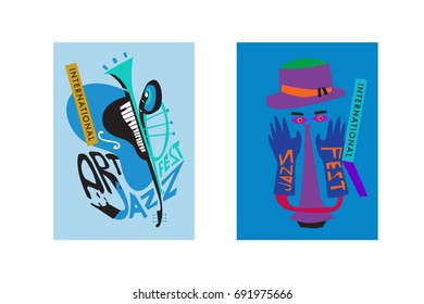 Colorful international jazz festival. Musicians, singers and musical instruments poster set flat vector illustration. Poster template for jazz and music events.
