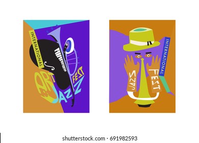 Colorful international jazz festival. Musicians, singers and musical instruments poster set flat vector illustration. Poster template for jazz and music events.