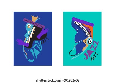 Colorful international jazz festival. Musicians, singers and musical instruments poster set flat vector illustration. Poster template for jazz and music events.