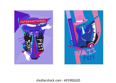 Colorful international jazz festival. Musicians, singers and musical instruments poster set flat vector illustration. Poster template for jazz and music events.