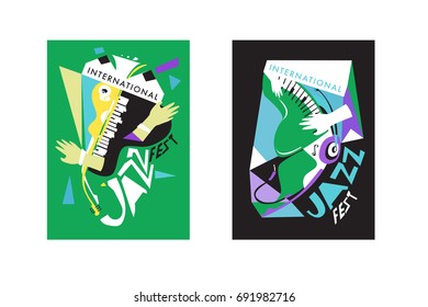 Colorful international jazz festival. Musicians, singers and musical instruments poster set flat vector illustration. Poster template for jazz and music events.
