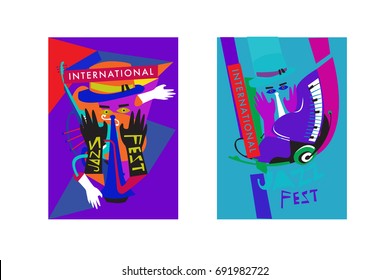 Colorful international jazz festival. Musicians, singers and musical instruments poster set flat vector illustration. Poster template for jazz and music events.