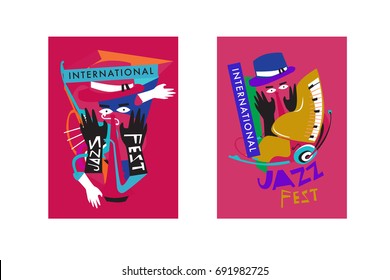 Colorful international jazz festival. Musicians, singers and musical instruments poster set flat vector illustration. Poster template for jazz and music events.