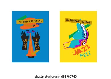 Colorful international jazz festival. Musicians, singers and musical instruments poster set flat vector illustration. Poster template for jazz and music events.
