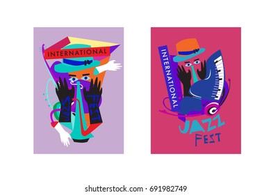 Colorful international jazz festival. Musicians, singers and musical instruments poster set flat vector illustration. Poster template for jazz and music events.