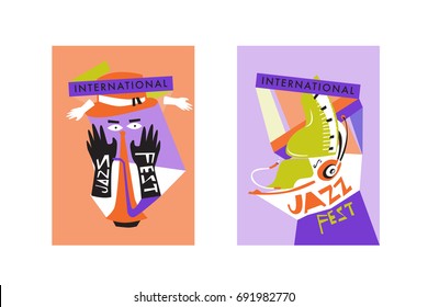 Colorful international jazz festival. Musicians, singers and musical instruments poster set flat vector illustration. Poster template for jazz and music events.