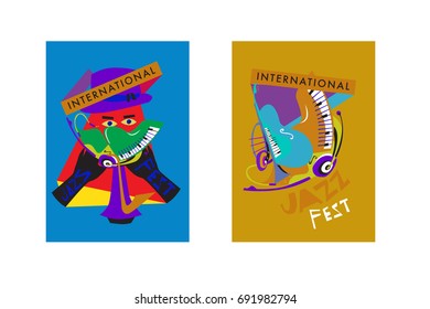 Colorful international jazz festival. Musicians, singers and musical instruments poster set flat vector illustration. Poster template for jazz and music events.