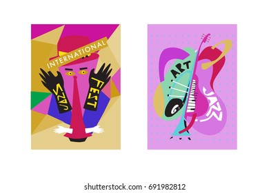 Colorful international jazz festival. Musicians, singers and musical instruments poster set flat vector illustration. Poster template for jazz and music events.