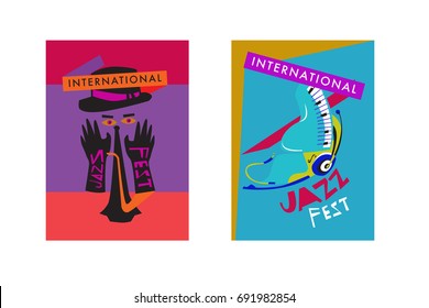 Colorful international jazz festival. Musicians, singers and musical instruments poster set flat vector illustration. Poster template for jazz and music events.