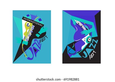 Colorful international jazz festival. Musicians, singers and musical instruments poster set flat vector illustration. Poster template for jazz and music events.