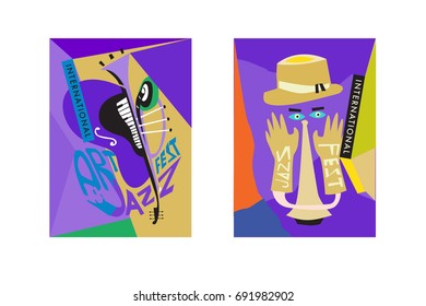 Colorful international jazz festival. Musicians, singers and musical instruments poster set flat vector illustration. Poster template for jazz and music events.