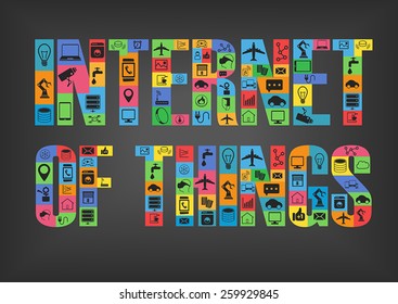 Colorful internet of things characters spelling word with icons on dark background