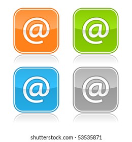 Colorful internet web buttons with at sign. Rounded square shape with gray reflection. White background
