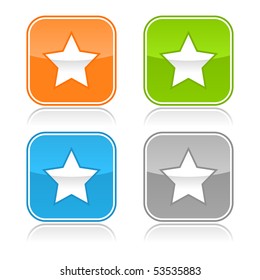 Colorful internet web buttons with star sign. Rounded square shape with gray reflection. White background