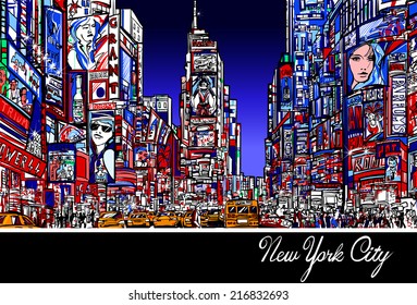 Interpretación colorida de Times Square en Nueva York de noche - Ilustración vectorial