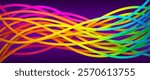 Colorful intertwined rainbow ribbons forming creative abstract waves. Overlapping rainbow bright dynamic stripes weaving on purple background for modern digital creative projects. Vector illustration