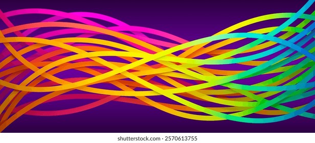 Colorful intertwined rainbow ribbons forming creative abstract waves. Overlapping rainbow bright dynamic stripes weaving on purple background for modern digital creative projects. Vector illustration