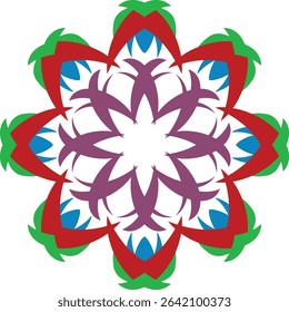 A colorful and intricate abstract floral mandala design with layers of green, red, blue, and purple elements radiating outwards, perfect for decorative backgrounds