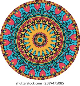 A colorful, intricate mandala design features a circular pattern with layers of detailed floral and geometric shapes.