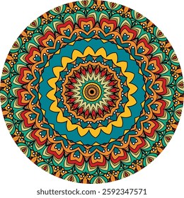A colorful, intricate mandala design, featuring concentric circles filled with repeating geometric patterns and vibrant colors.