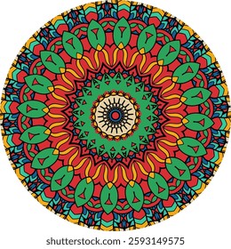 A colorful and intricate mandala design, featuring concentric circles of repeating patterns and floral motifs.