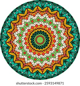 A colorful, intricate mandala design, featuring concentric circles filled with repeating geometric patterns and vibrant colors.