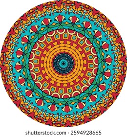 A colorful, intricate mandala design, featuring concentric circles filled with repeating geometric patterns and vibrant colors.