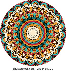 A colorful, intricate mandala design, featuring concentric circles filled with repeating geometric patterns and vibrant colors.