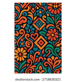 A colorful and intricate pattern features flowers, leaves, swirls, and geometric shapes in orange, teal, green, and black.