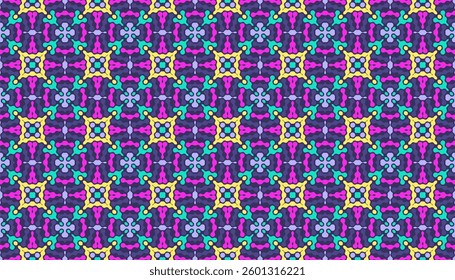 a colorful and intricate repeating pattern with geometric elements and vibrant hues, including yellow, purple, green, and pink.