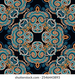 Colorful intricate swirls floral ethnic style seamless pattern. Vector ornamental  abstract flowers background. Motley hand drawn doodle arabesque ornaments. Endless bright texture.