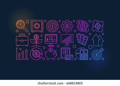 Colorful investment banner - vector finance and money creative illustration made with linear icons on dark blue background