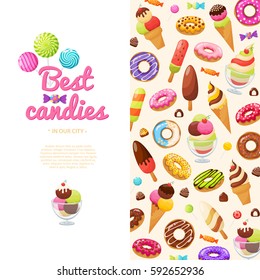 Colorful invintation with place for your text. Glazed donuts, ice cream, chocolate sweets, lollipops and candies background. Vector illustration in modern flat style