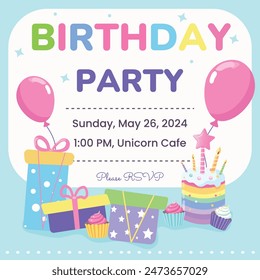 Colorful invitation to the Birthday party with with balloons, gifts cake and candles. Vector illustration of templates great for card, poster, flyer or banner.