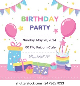 Invitación colorida a la fiesta de cumpleaños con globos, regalos, pastel y velas. Ilustración vectorial de Plantillas ideal para tarjeta, póster, volante o Anuncio.