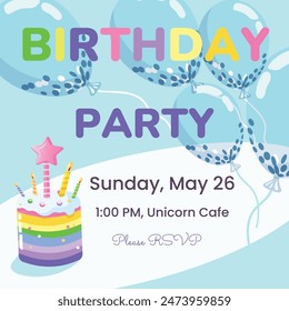Colorful invitation to the Birthday party with with balloons, gifts cake and candles. Vector illustration of templates great for card, poster, flyer or banner.