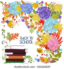 Colorful invitation card with autumn nature and stack of books. Back to school
