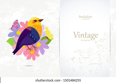 colorful invitation card with bird in flower heart for your design