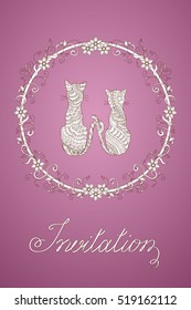 Colorful invitation card with  hand drawn decorated couple cats into mandala with flowers. EPS 10.