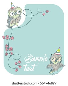 Colorful invitation card template with cute owls in party hats and place for text vector illustration