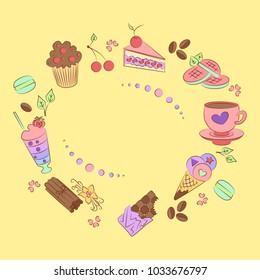 Colorful invitation with a place for your text. chocolate, ice cream,  and  cake. Vector illustration in modern flat style.