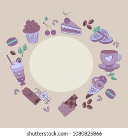 Colorful invitation with a place for your text. chocolate, ice cream, and cake. Vector illustration in modern flat style.