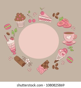 Colorful invitation with a place for your text. chocolate, ice cream, and cake. Vector illustration in modern flat style.