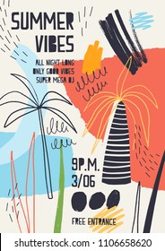 Colorful invitation or poster template decorated with tropical palm trees, paint stains, blots and scribble for summer open air dance party. Vector illustration for summertime event advertising.