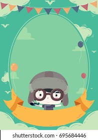 Colorful Invite Illustration Featuring a Cute Little Boy Dressed as an Aviator Standing Above a Blank Ribbon
